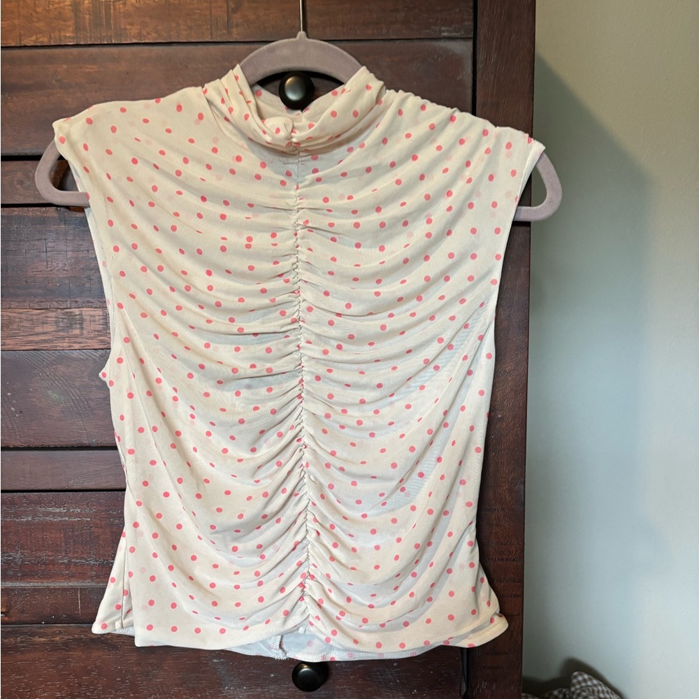 AFRM Ruched Cream Tank Top with Pink Polka Dots and Ruched NWT Sz L Runs Small